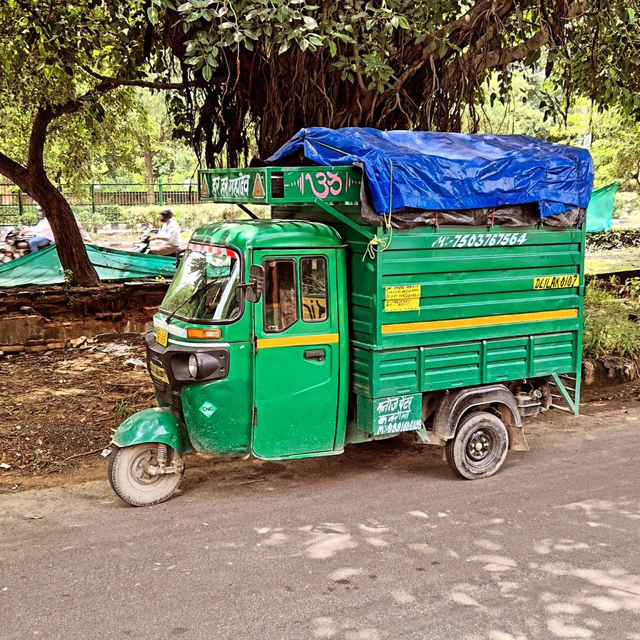 A bright green cargo rickshaw parked under a banyan tree