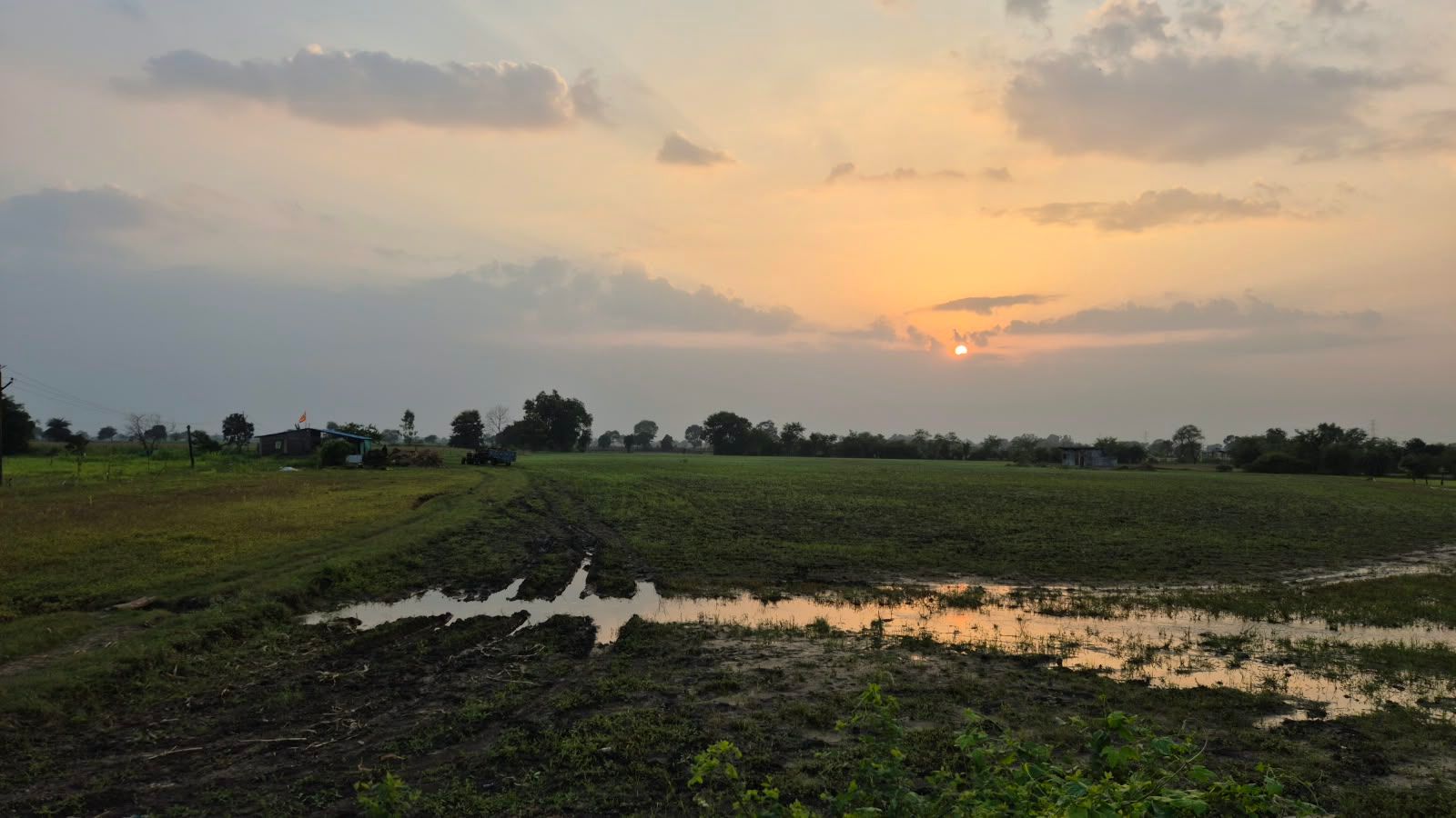 Sunset over waterlogged fields around Gotegaon