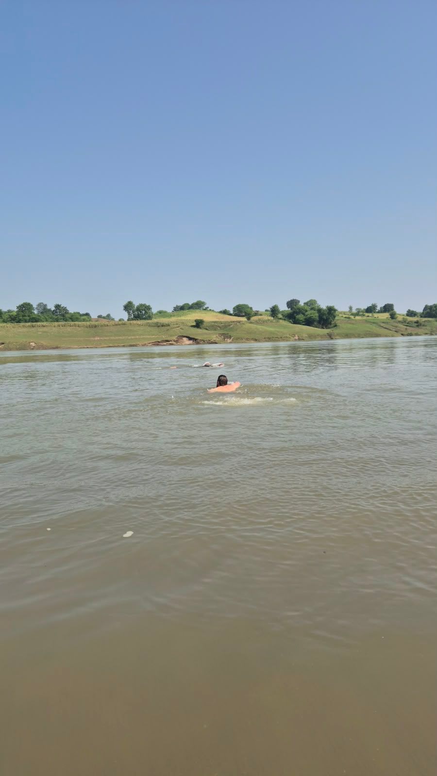 Diederik swimming in the brown Narmada, with green hills on the far bank